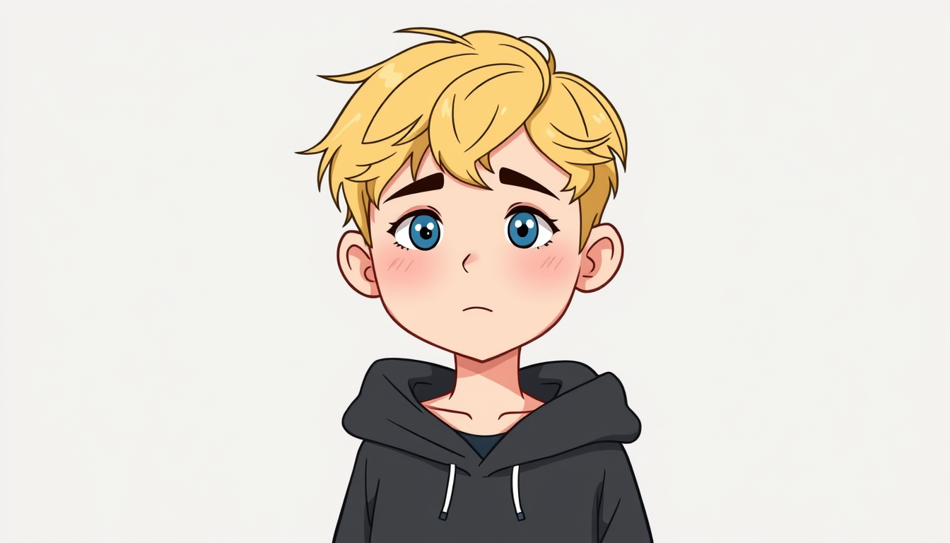 Main art studio: Teen boy with short, slightly messy blond hair, blue eyes, natural facial proportions, calm neutral expression, no blush, no rosy cheeks, medium-sized