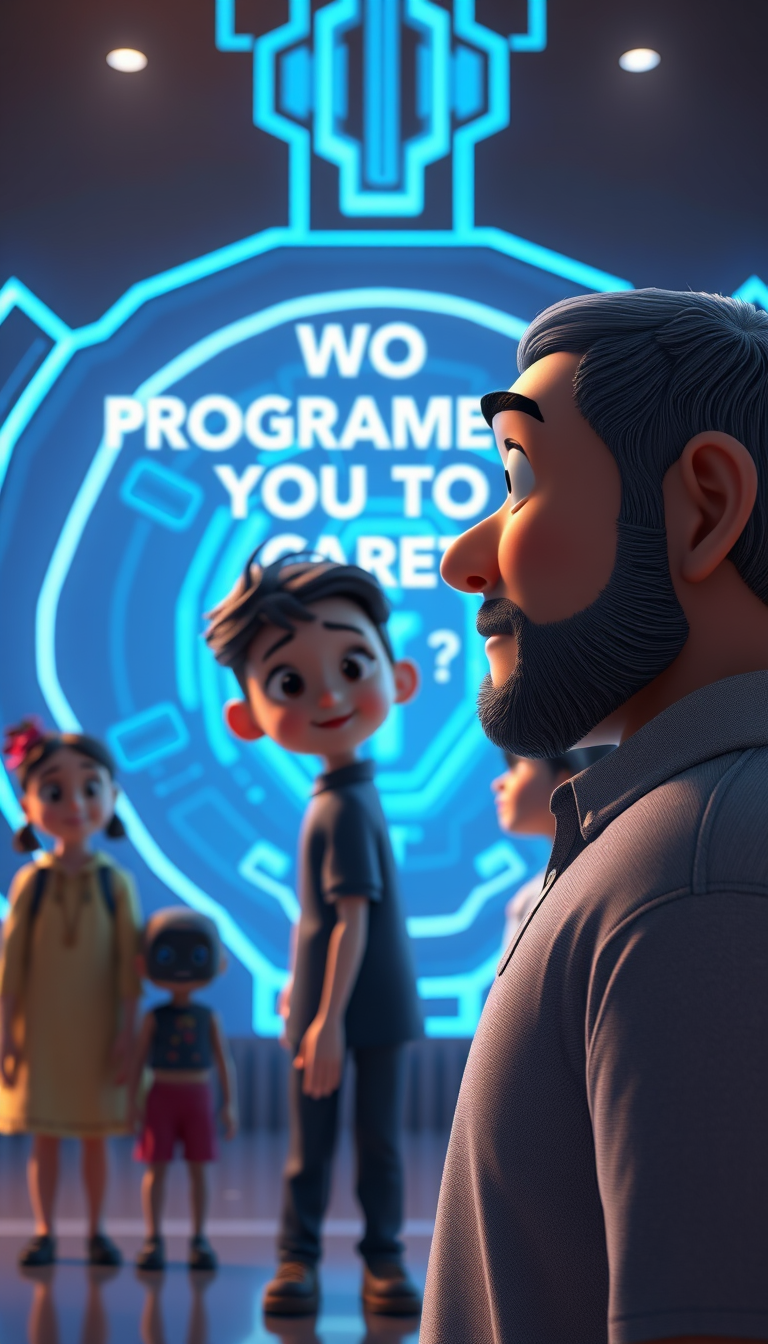 Main art studio: Who Programmed You?”Prompt:The father standing in front of the glowing AI screen with tears in his eyes, asking “WHO PROGRAMMED YOU TO CARE?”, family