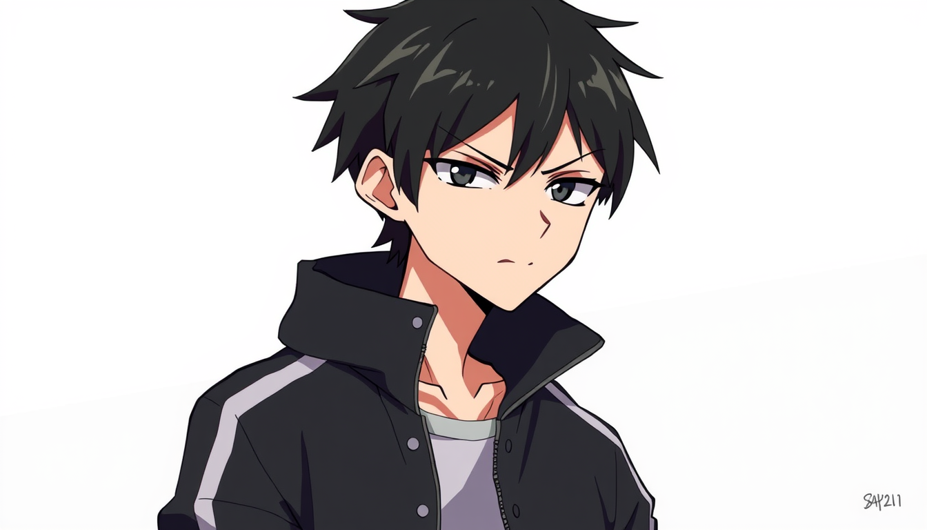 OC idea: original character art, distinctive design, anime-influenced style, expressive face, Black short hair, androgynous, squinting eyes, giving off an aloo