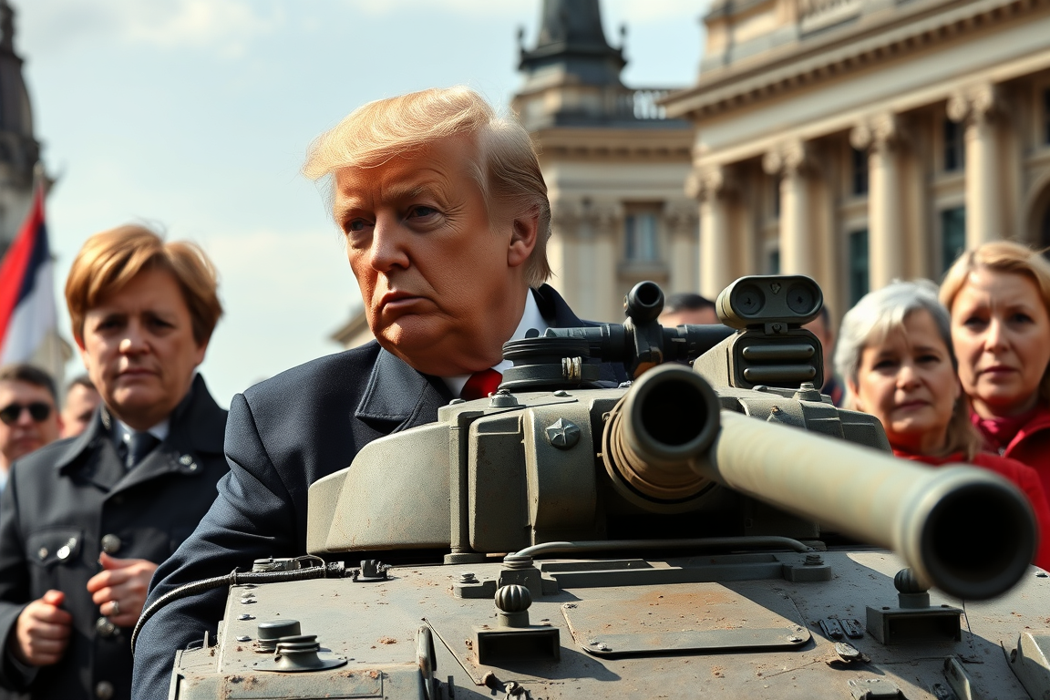 Main art studio: erstelle mir ein bild von trump mit panzer angela merkel friderich merz münchen leevi schlemmmer dem schauspieler und corina kierner mit vielen farbe 