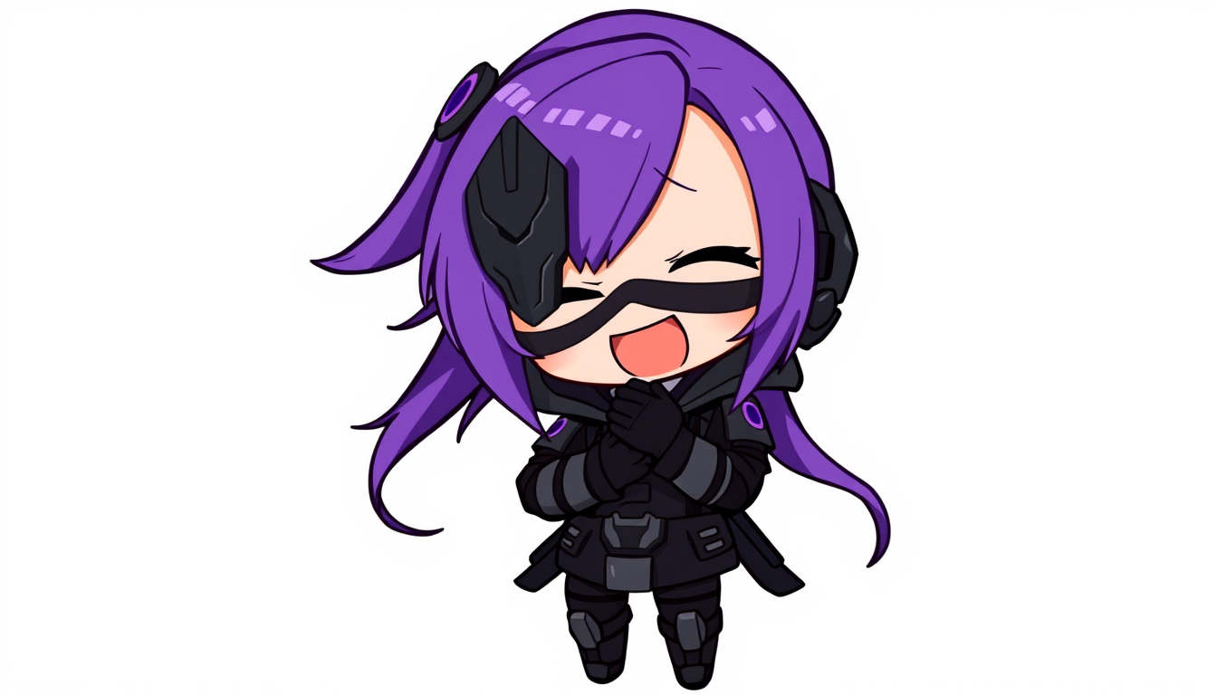 Main art studio: Cute chibi female cyberpunk warrior with long flowing purple hair, violet highlights, large purple eyes, dark metallic face mask, black and dark gray