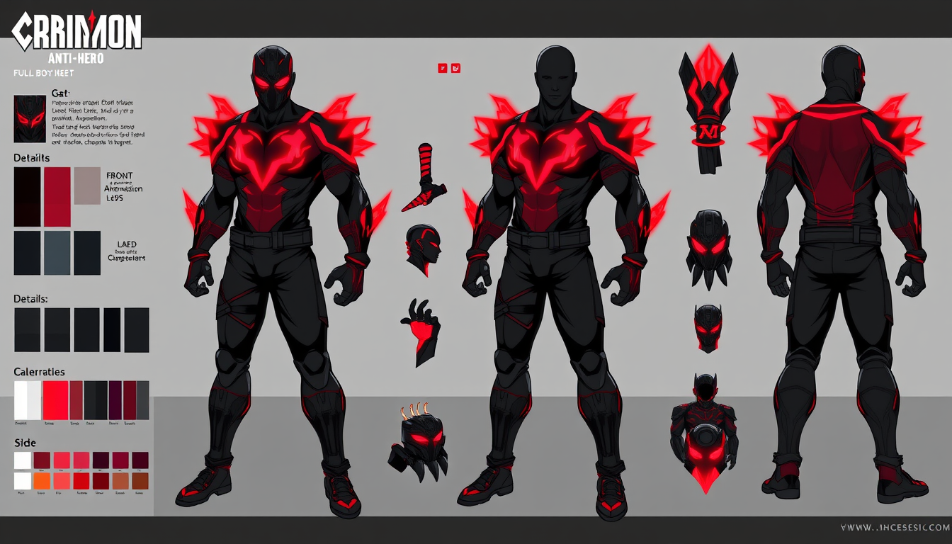 Character Sheet idea created from the prompt: a visual character reference sheet with a dominant full-body view, controlled details, palette swatches, and supporting expressions or acces