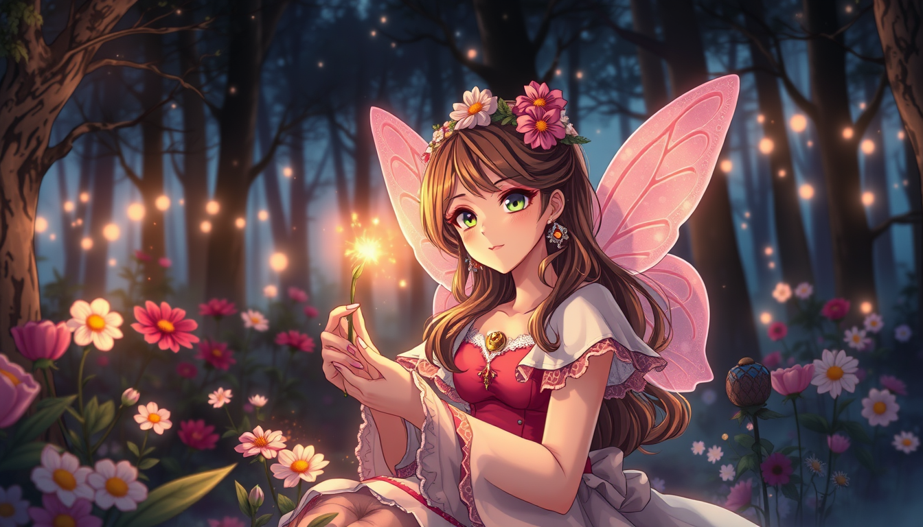 Main art studio: Blumen und magie bunt und ein mädchen mit brunen geflochtenen haaren klein einzelne zöpfe dunkle klamotten in der nacht im wald anime steil.aus ihren