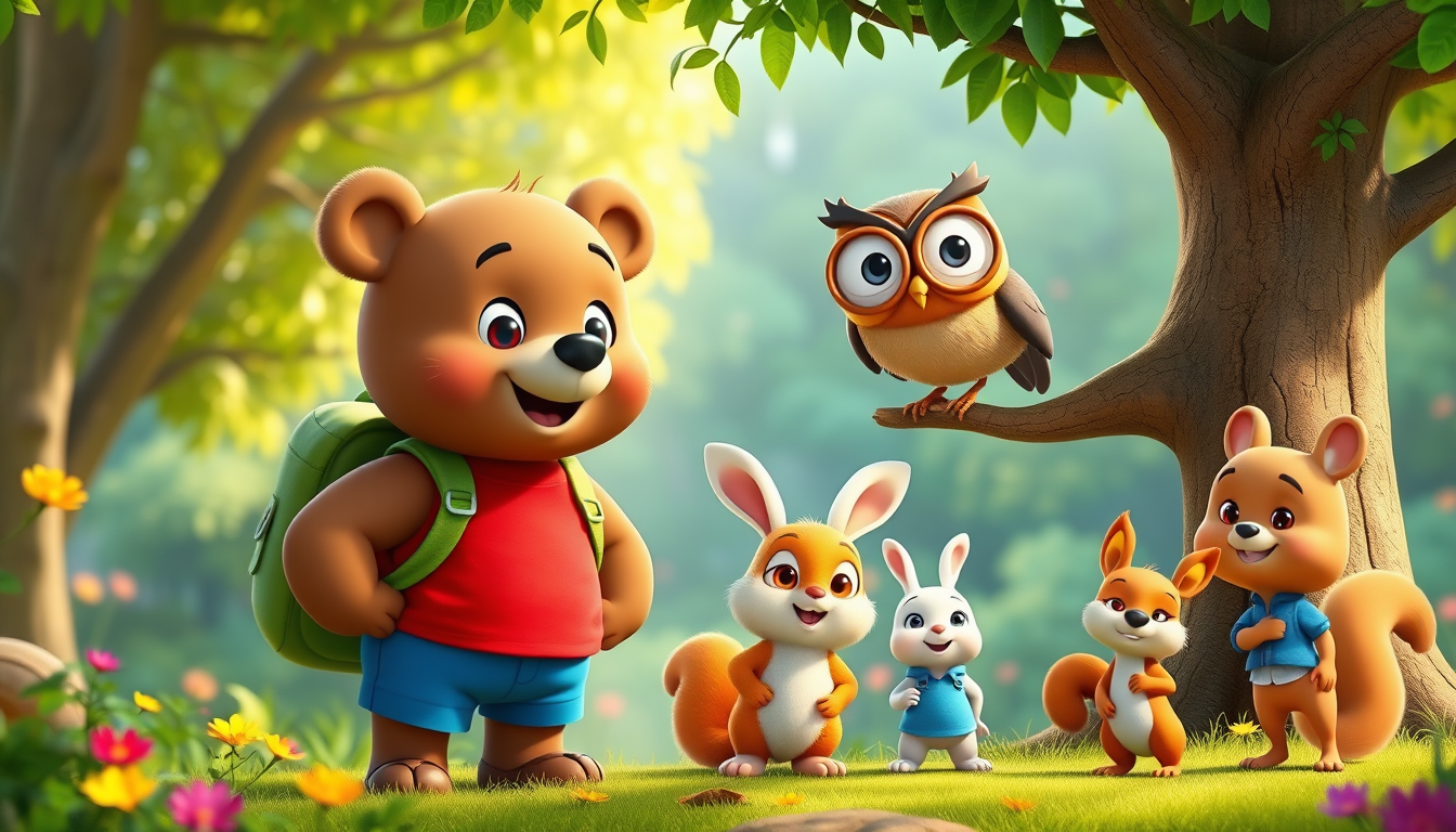 Main art studio: 3D animated children's cartoon. Bruno, a cute brown bear wearing a red T-shirt, blue shorts, and green backpack, meets Oliver, a friendly brown owl wi