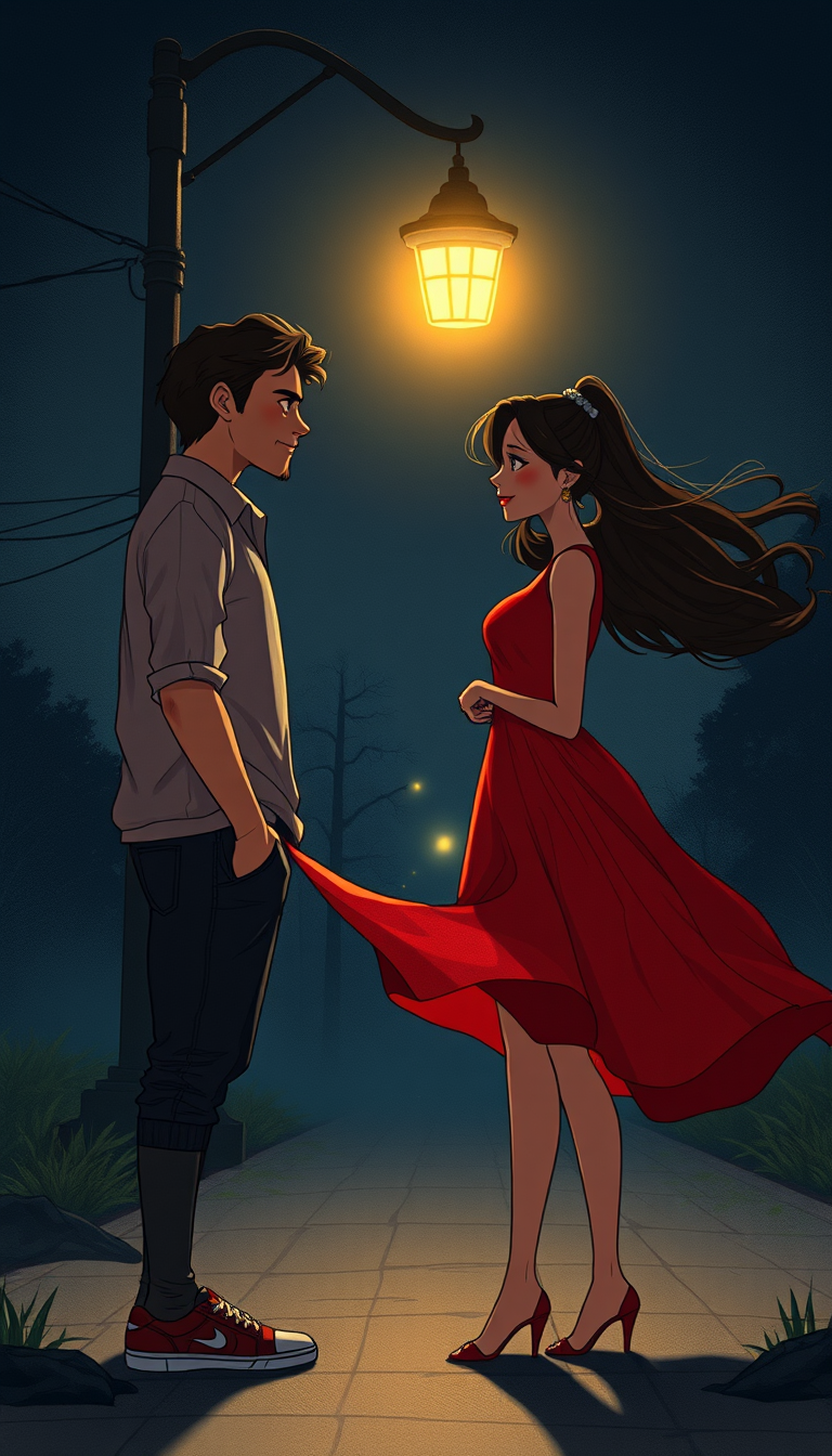 Main art studio: Sameer looking at Anaya with deep love while Anaya gives him a mysterious sad smile, both standing under a lonely streetlight at midnight, red dress f