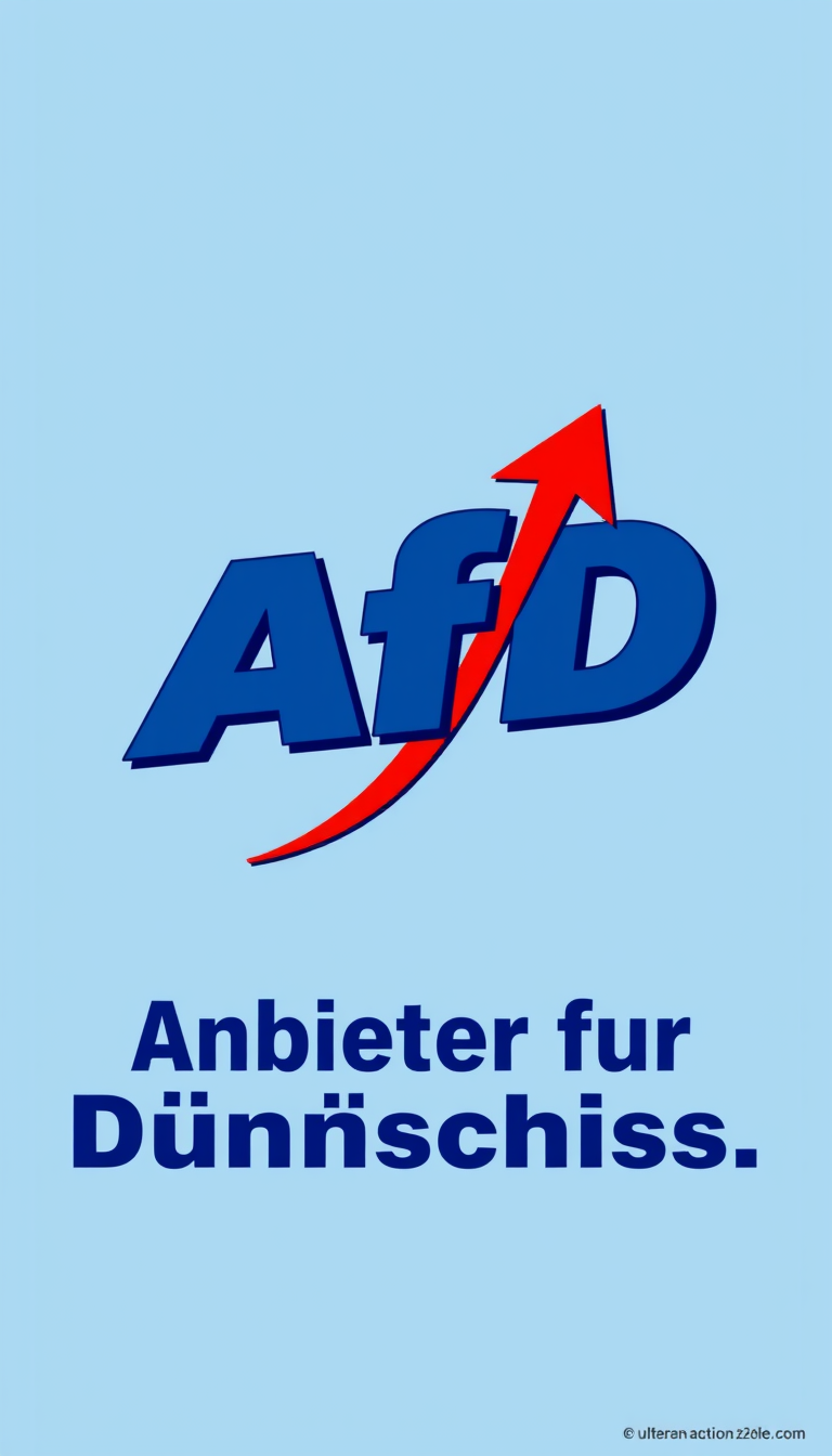 Main art studio: Satirical German political parody wallpaper, ultra-wide 20:9, 2400x1080. Blue campaign-poster style, large blue "AfD" logo with red upward arrow. Bold