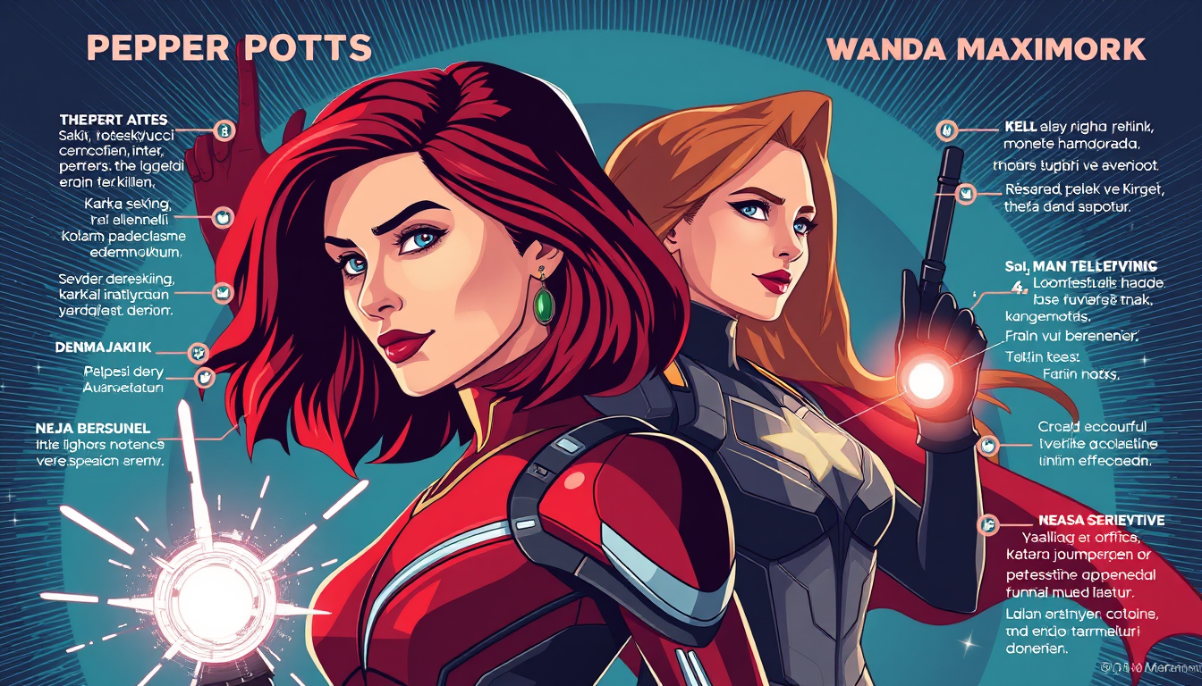 Main art studio: Yatay 4:3 eğitim infografiği, yazısız tek görsel. Sol: Pepper Potts; sakin, destekleyici, koruyucu, arka planda yardım eden figür. Kalp, destek eli ve