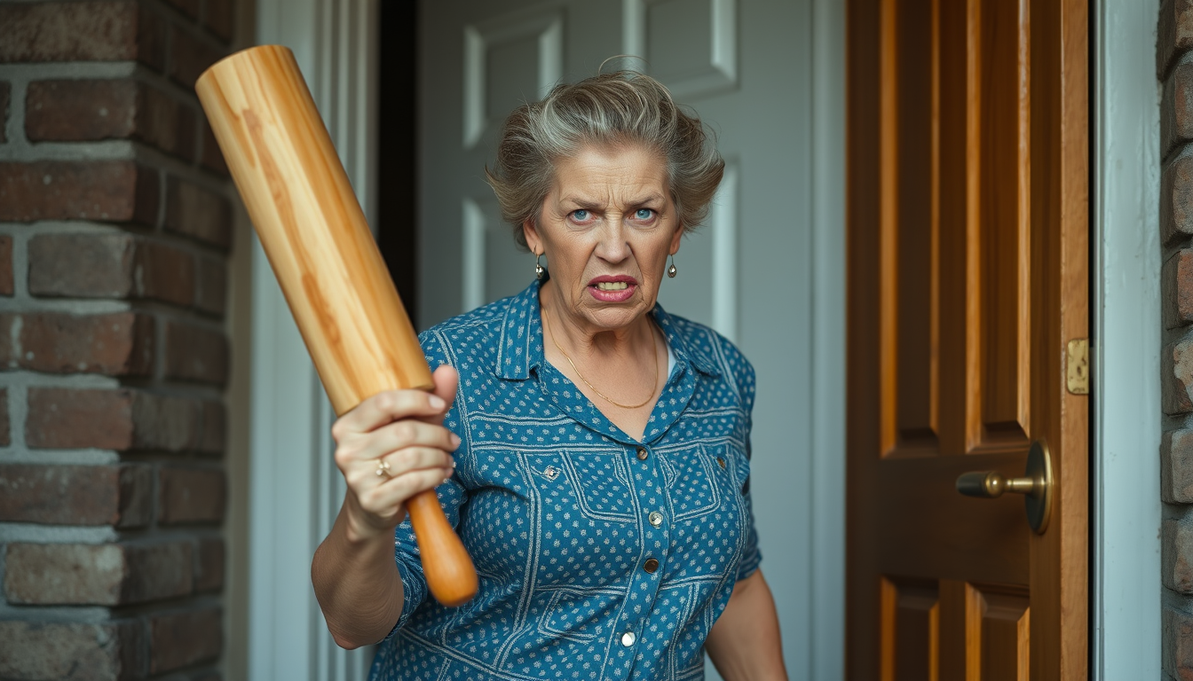Main art studio: crazy wife with screwed up face wielding large rolling pin one handed aloft by the handle angrily waiting at front door