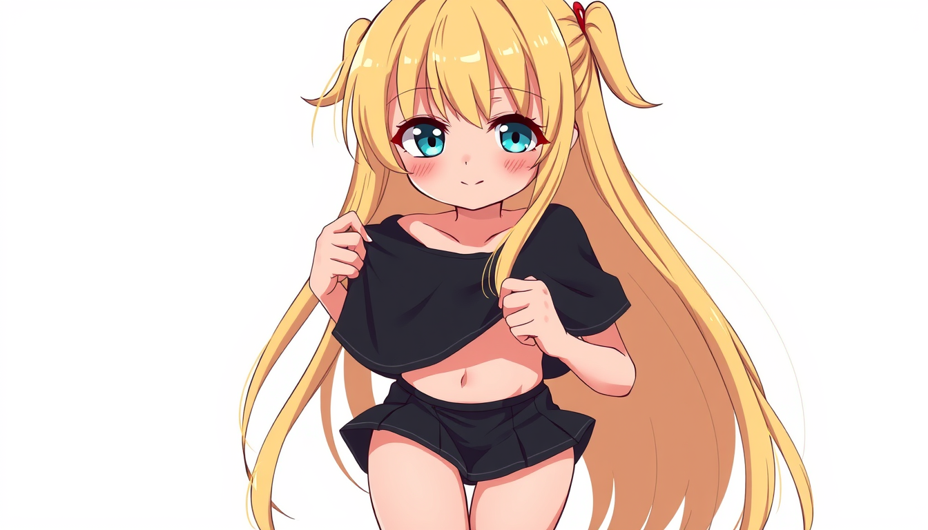 Anime idea: anime style, vibrant colors, expressive eyes, Femme adolescente manga de 14 ans, cheveux blonds longs. Mini jupe noire. La fille soulève sa mini jupe 