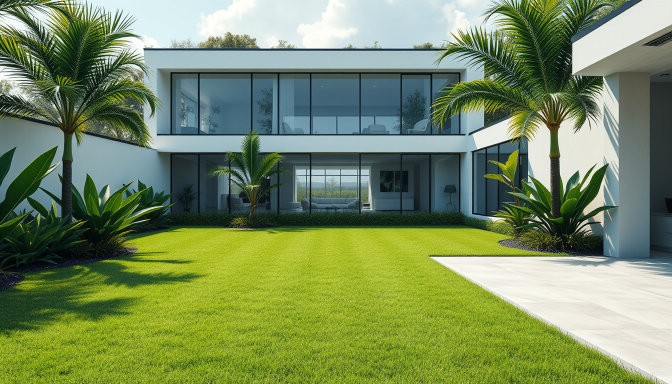 Main art studio: Photorealistic modern luxury house backyard, perfectly maintained green grass, tropical plants around the edges, large glass windows of a modern house