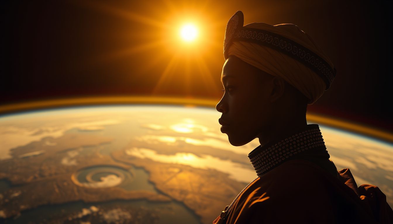 Characters idea: an original character defined by silhouette, role, outfit, palette, and expression, deliberate composition, Cinematic view of the African continent fr