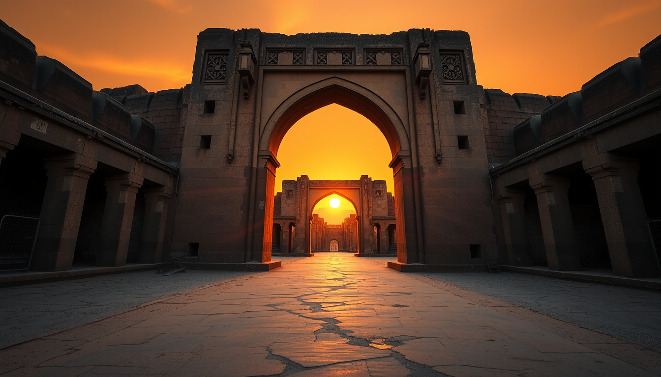 Main art studio: Front view of the ancient main entrance of Bhangarh Fort at sunset, weathered sandstone archway, long empty pathway leading toward the ruins, dramatic