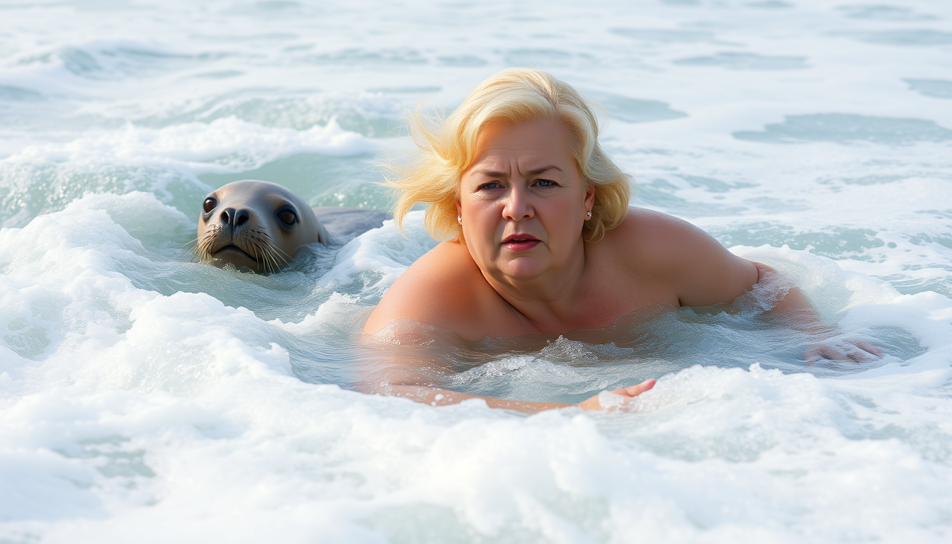 Main art studio: create a Comic-image: "60-year old blonde slightly overweight woman swims in the ocean next to a seal in the white-water waves.