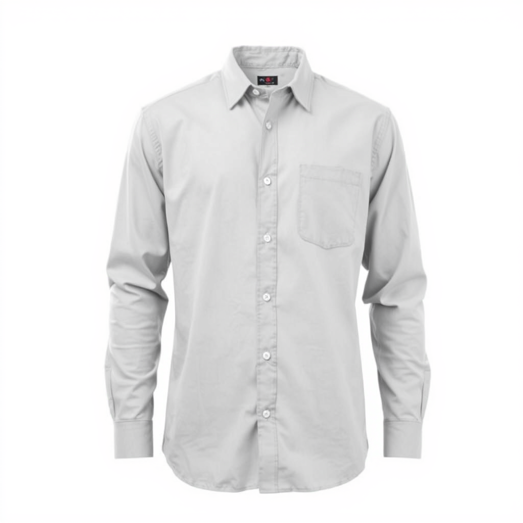 Main art studio: Premium men's light grey full-sleeve casual button-up shirt, classic collar, visible buttons, front view, shirt only, no t-shirt, no person, no manneq