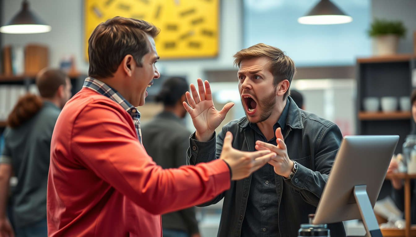 Main art studio: angry customer shouting at frightened employee