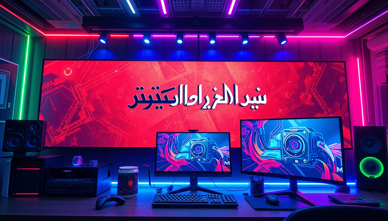 Main art studio: Epic gaming banner, futuristic gaming setup, RGB lights, giant gaming monitor. A large signboard clearly shows exactly: «توی این کانال از هیچ ویدیوی گ