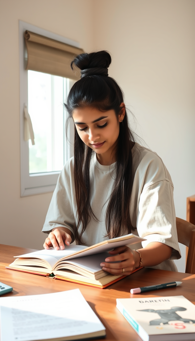 Main art studio: Realistic smartphone photograph of an indian female student sitting at a simple wooden study table in an ordinary home, opening an open notebook to be