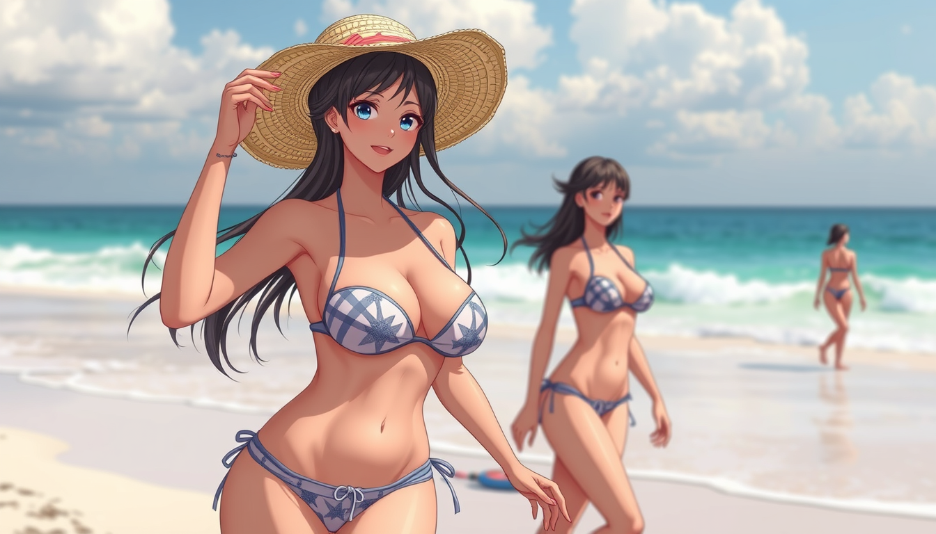 Main art studio: Eine Anime Frau in bikini am Strand und die Frau hat große brüste