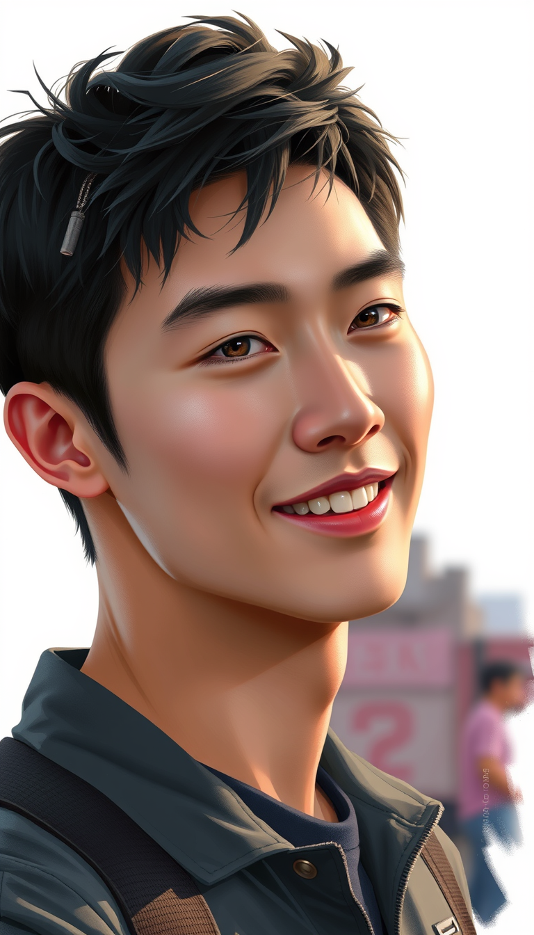 Main art studio: AI drama character portrait, semi-realistic digital painting, highly detailed East Asian male face, 21-year-old Chinese exchange student, short messy