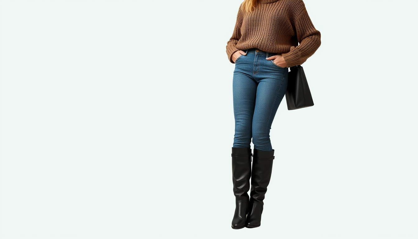 AI Art prompt example created from the prompt: no background, full body, woman, short blonde hair, jeans, chunky knit turtleneck sweater, black long leather boots