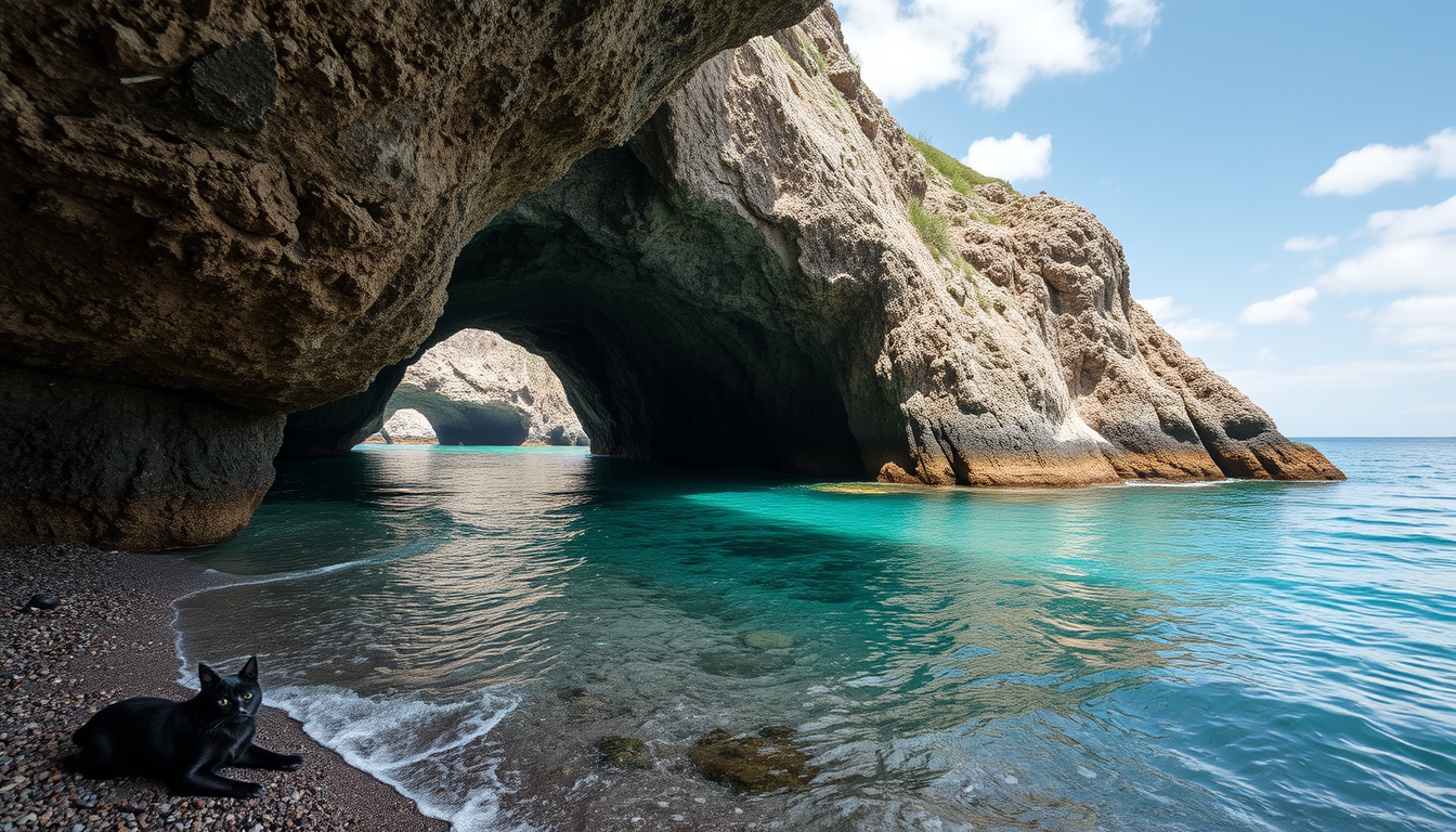 Main art studio: gera uma imagem de um cara na caverna em uma praia