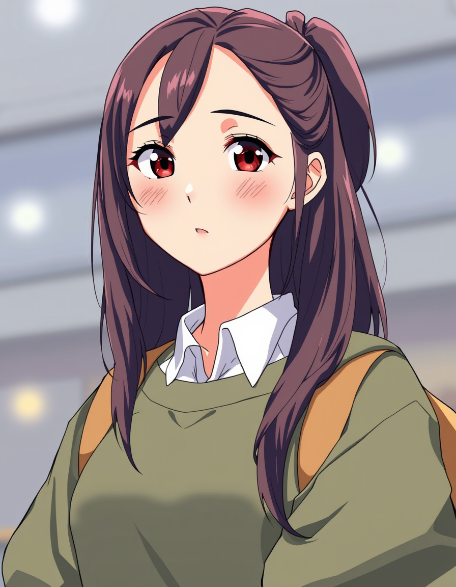 Photo To Anime idea: anime style portrait from the photo, cel shading, vibrant anime colors, expressive eyes, Full-body image of a female college student , clean anime lin