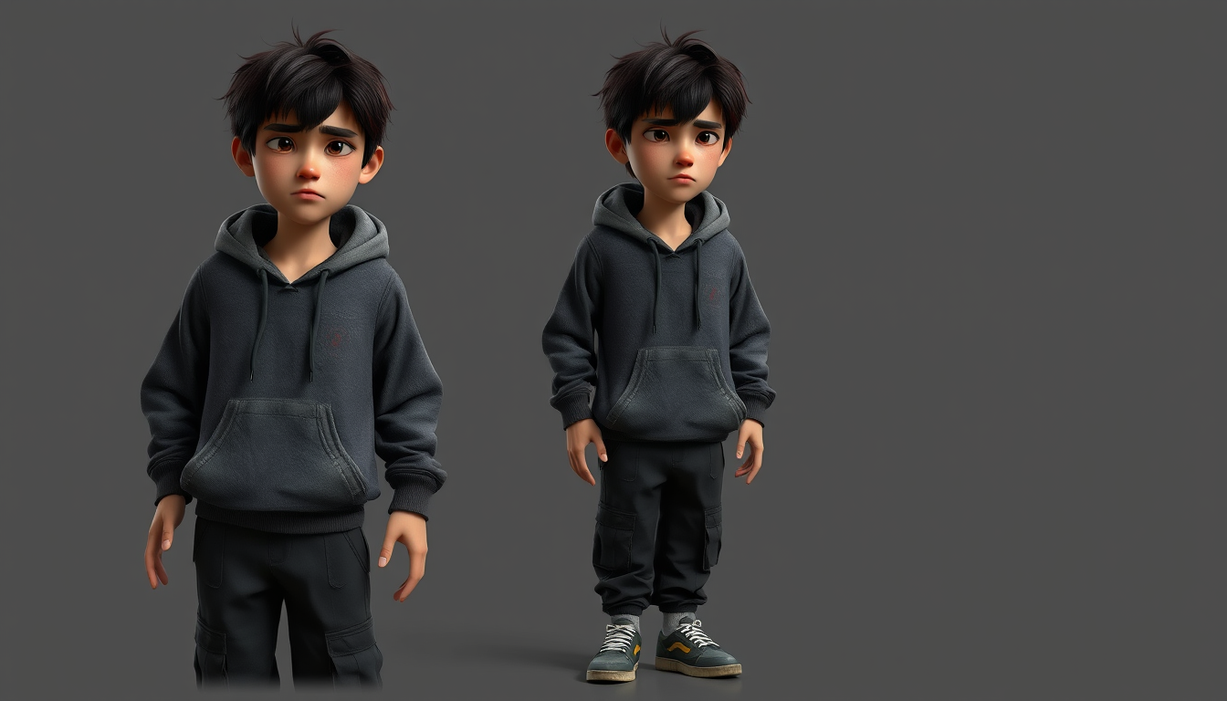 Main art studio: Cinematic semi-realistic 3D animated character reference sheet, Artem, a 23-year-old ordinary Eastern European man, messy dark brown hair, tired hazel