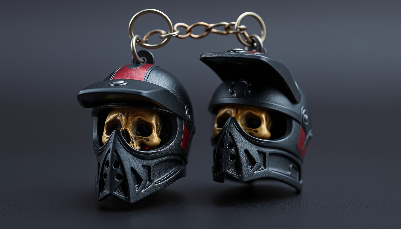 Main art studio: A miniature motorcycle helmet keychain, full face biker helmet design, black metal and dark red colors, a flip-up visor opened with a small human skul