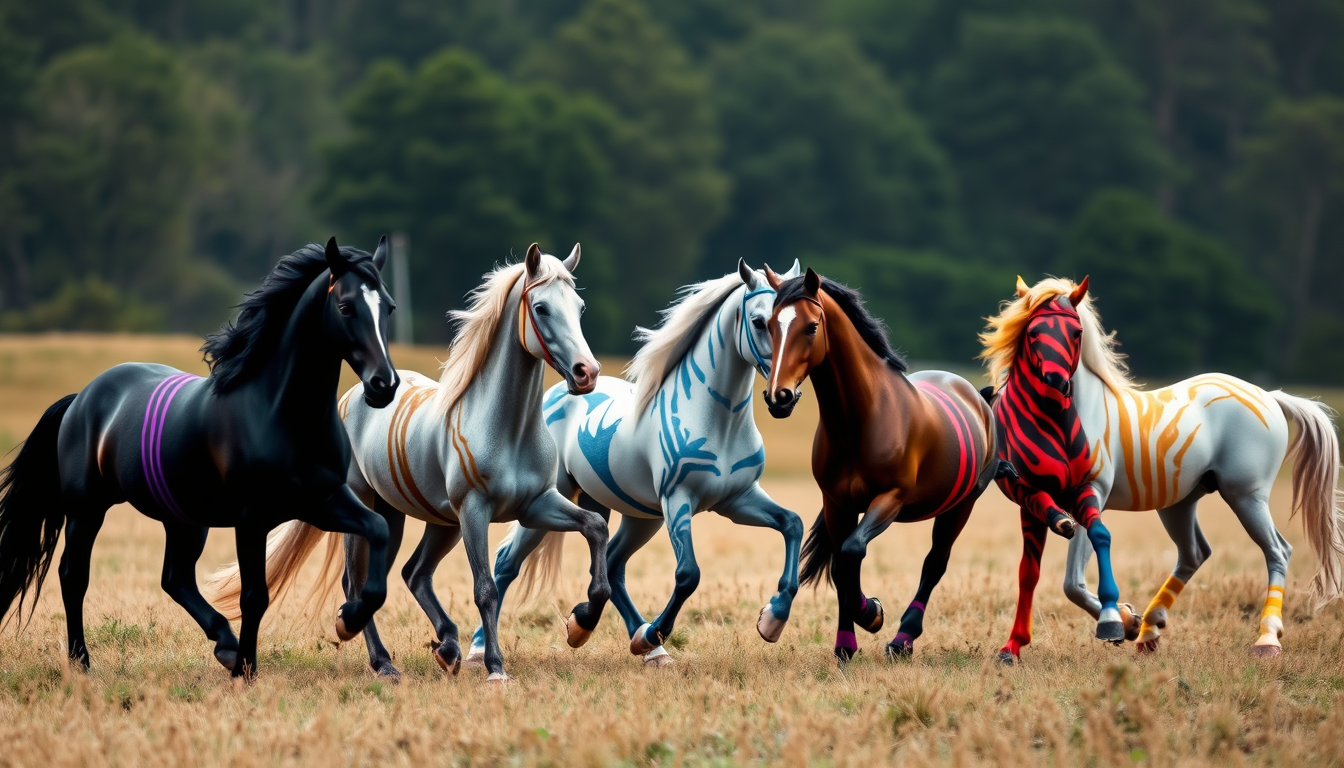 Main art studio: 5 HORSES PART OF A GROUP CALLED ELEMENT ONE RAVEN HAD THE POWER OF DESTRUCTION COULOUR BLACK BUT THE STRIPES ARE PURPLE ,ROSIE HAD THE POWER OF LIGHT