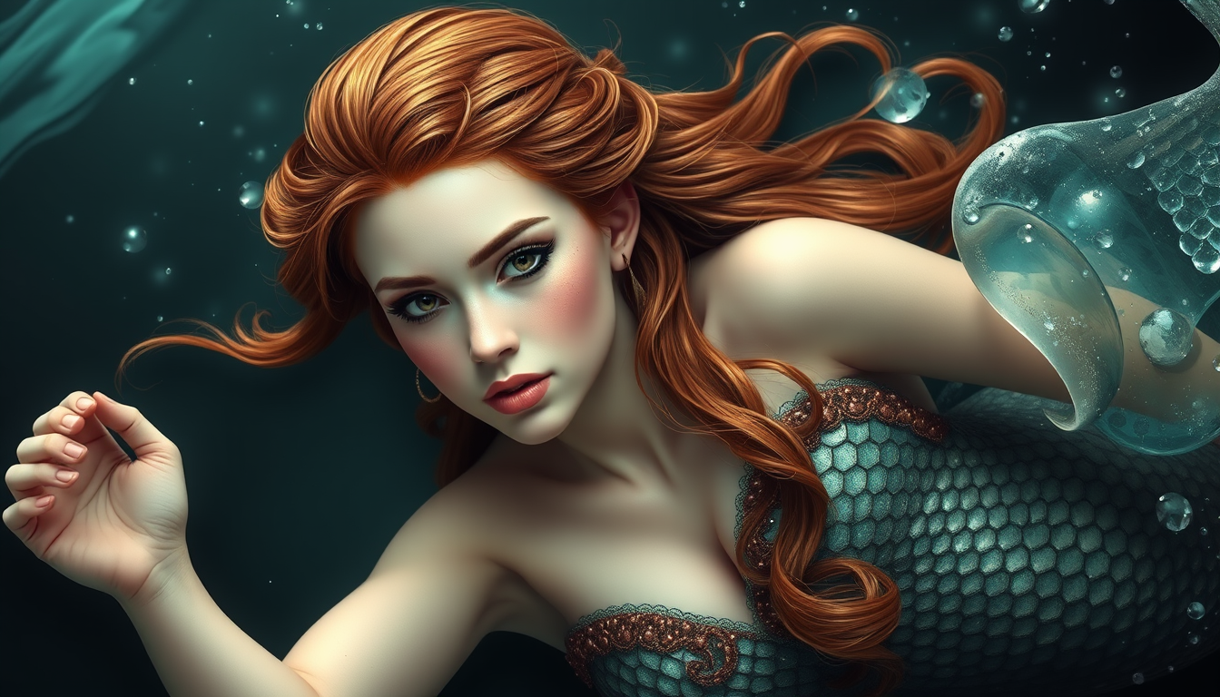 Main art studio: magical super realistic looking maermaid with brown hair