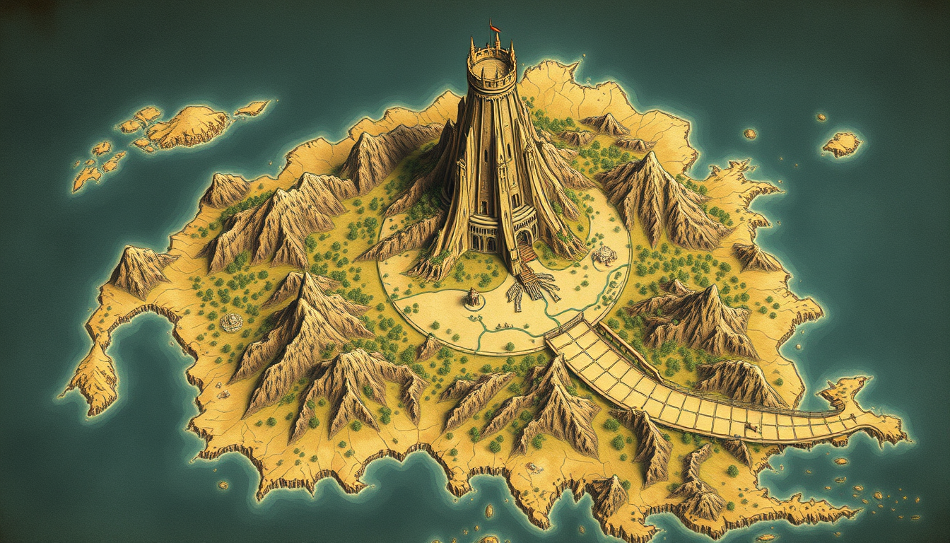 Fantasy Maps idea: fantasy world map, hand-drawn cartography, aged parchment, mountains forests and coastlines, Großer Planet mit einem Turm sehr detailliert maximal Det