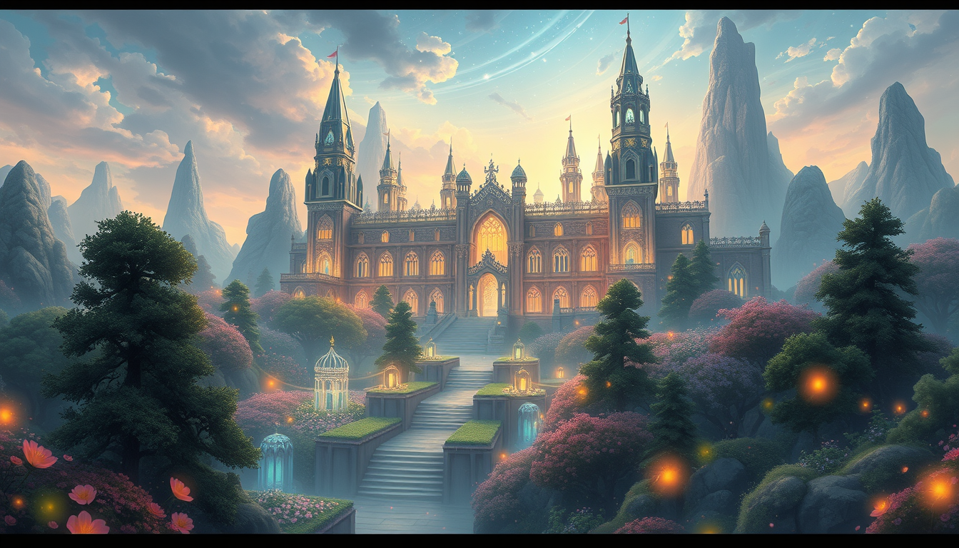 Main art studio: Episode 1: The Prophecy of the Twin Elves Panel 1: A breathtaking fantasy elf kingdom called Elarion. A magnificent royal palace with crystal towers s
