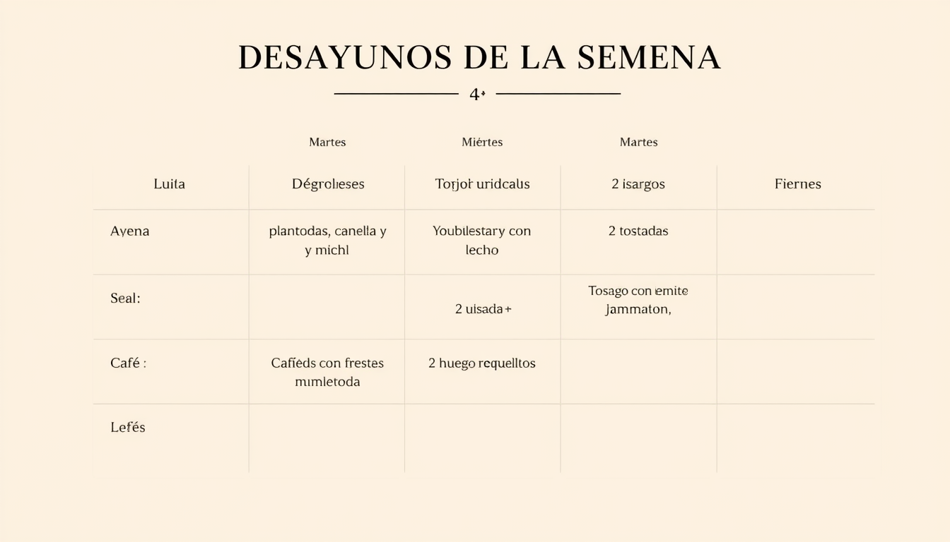 Main art studio: Create a clean, elegant Pinterest-style weekly breakfast planner in Spanish. Title: “DESAYUNOS DE LA SEMANA”. Use a 3-column table: Día | Desayuno | A