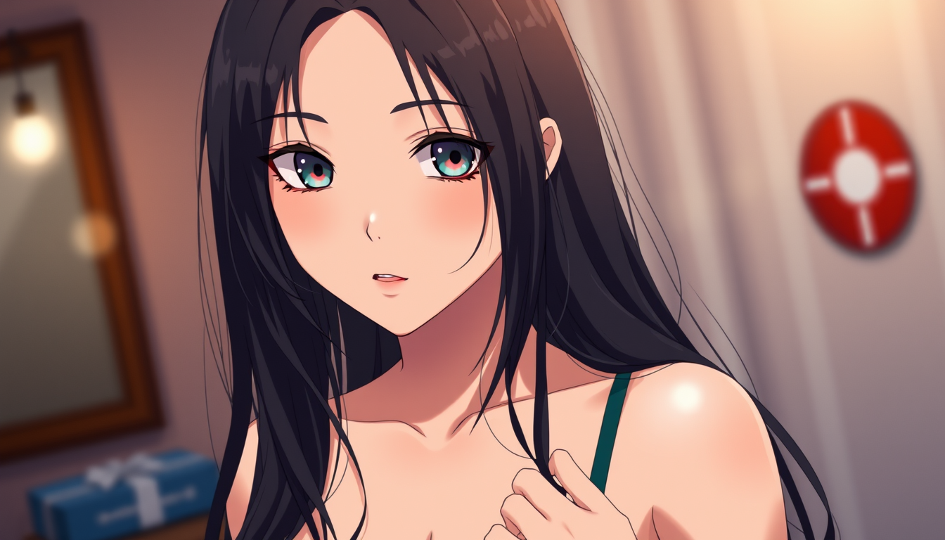 Main art studio: A very very extremely hot ai/anime style girl with long dark hair taking her shirt off centres in the frame