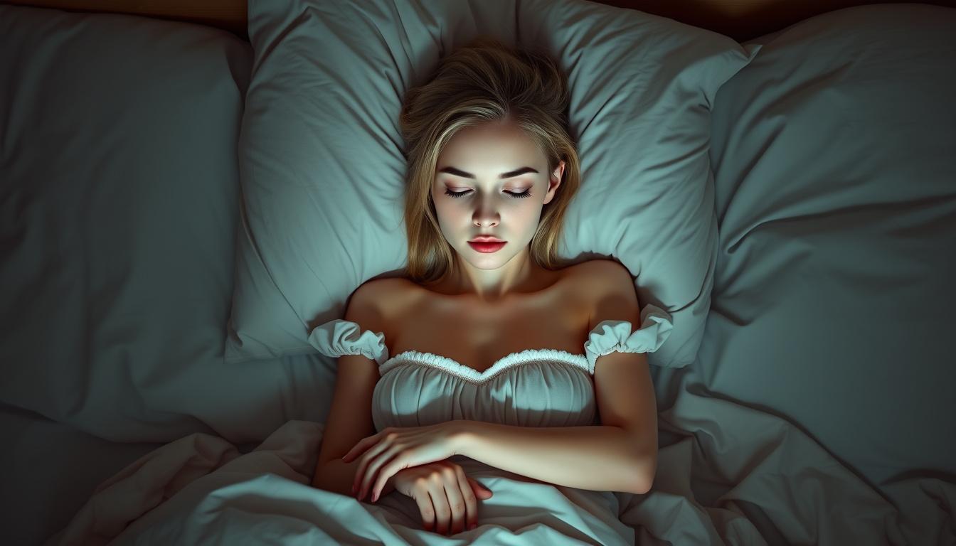 Main art studio: Genera una imagen de una chica con pijama suelta corta acostada en una cama con las piernas un poco abiertas con la cara sonrojada con los ojos cerrad