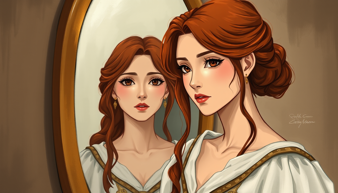 Main art studio: A noble woman with chestnut hair and brown eyes, looking at her male versioned self in the mirror. The art style is painted, soft expression, and simp