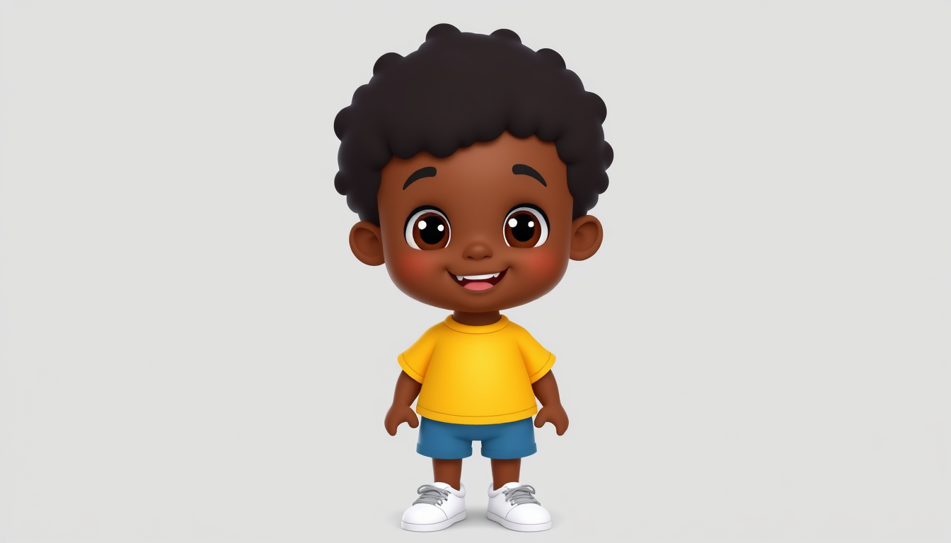 Main art studio: Cute 4-year-old African boy, dark brown skin, big warm brown eyes, short black curly hair, round friendly face, wide happy smile. Wearing a bright yel