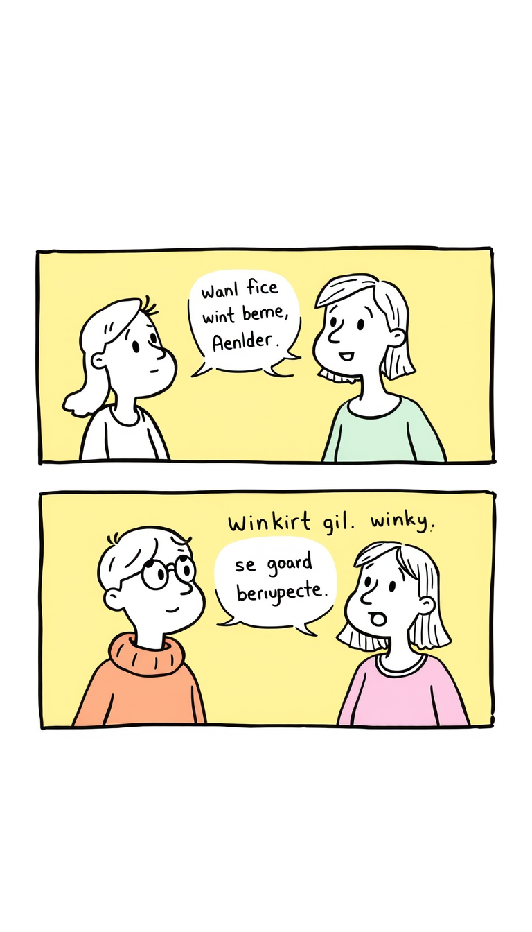 Main art studio: Erstelle eine lustige Cartoon-Zeichnung im 9:16-Hochformat mit 2 Panels. Panel 1: Jemand winkt einer Person zu, aber sie denkt, das Winken gilt jemand