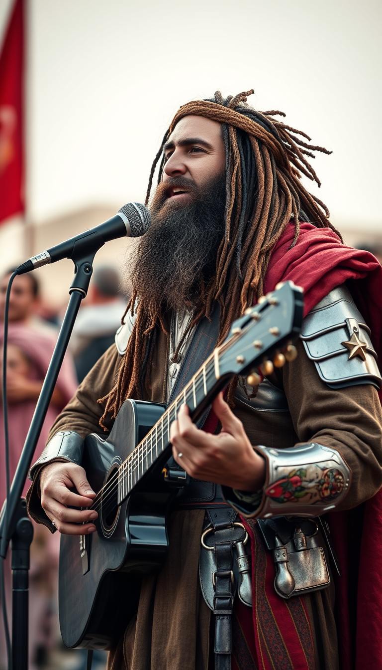Main art studio: Israelite man with long dreads and a long beard. This guy.\n Is wearing a full suit of armor of God?\n And he has a lecture, guitar and a microphone,
