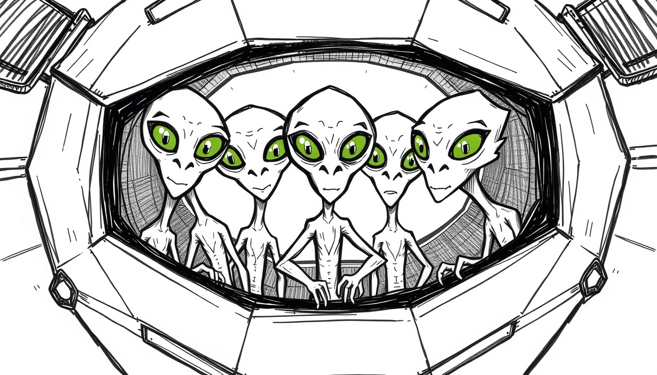 Main art studio: 2D hand-drawn cartoon frame. The five ORIGINAL Qllose alien crew members inside their strange geometric spaceship. All are slim humanoid aliens with e