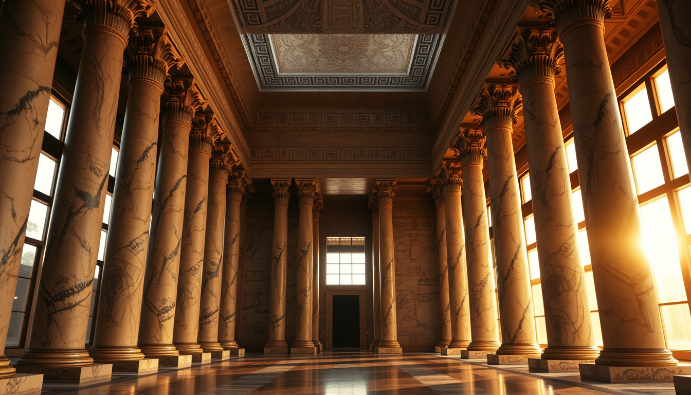Main art studio: Ancient Egyptian palace inspired by historical architecture, elegant marble columns, golden sunlight entering through large windows, luxurious royal h