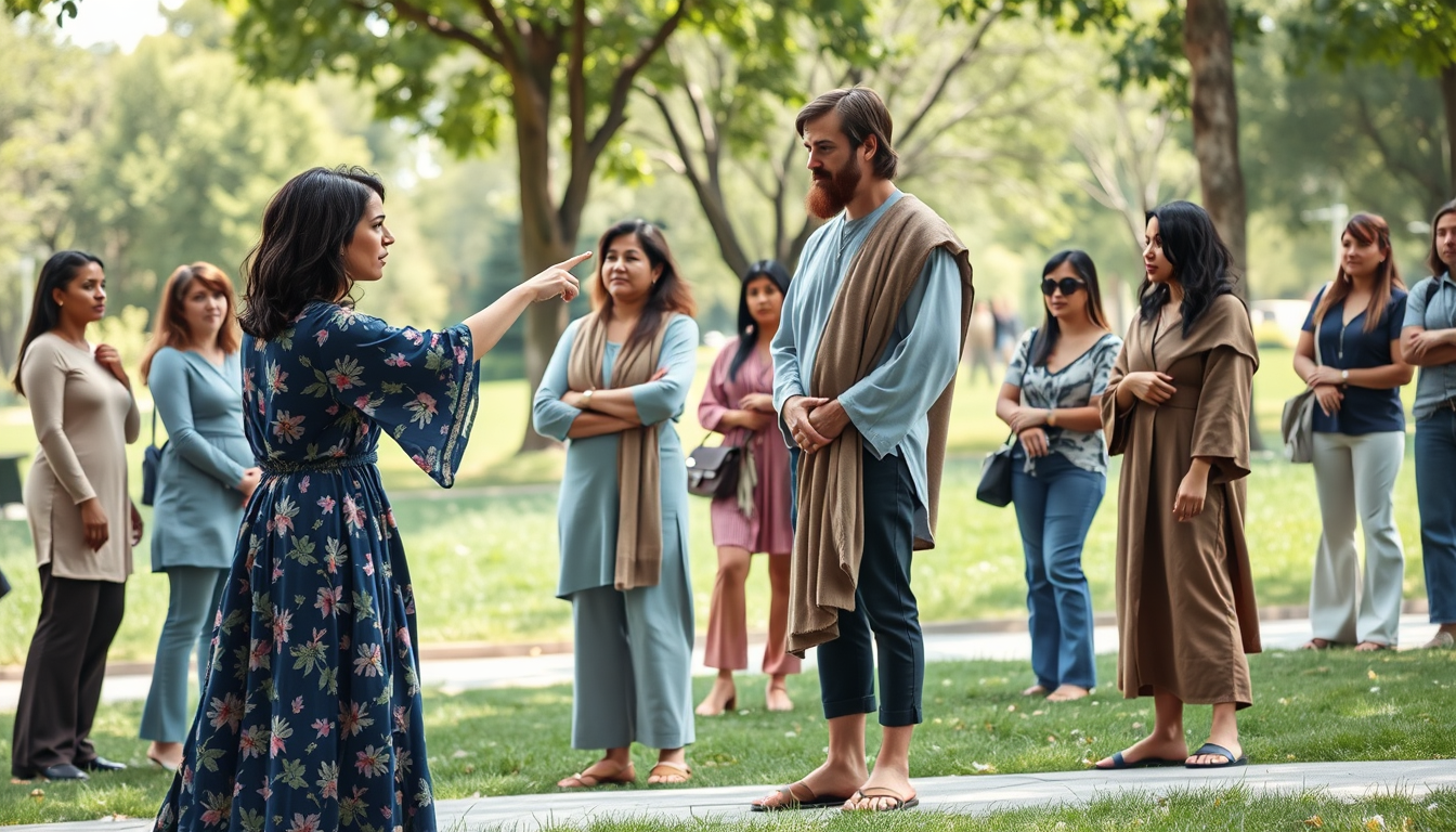 Main art studio: Create a realistic, wide horizontal picture in a modern public park. A woman wearing a loose blue floral ankle-length dress angrily points at a man an