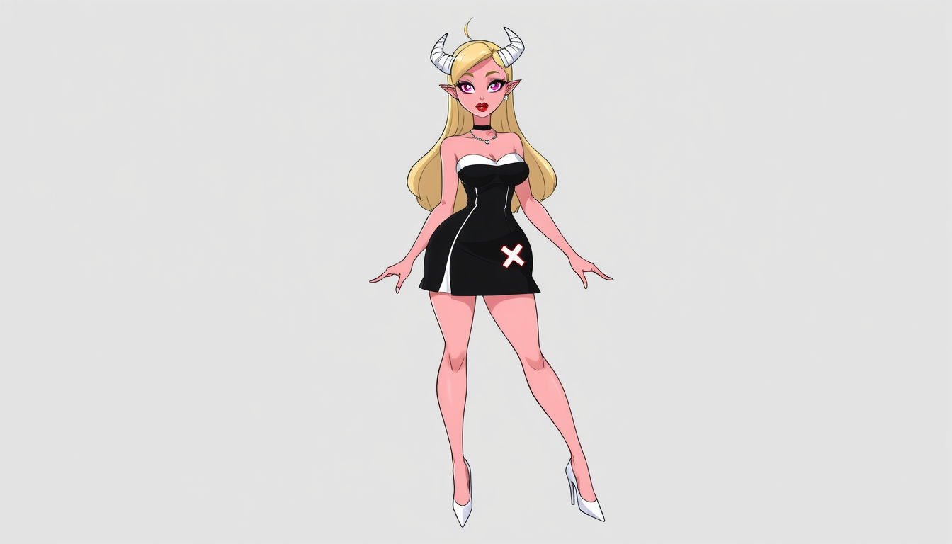 Main art studio: Full-body fan-art illustration of Verosika Mayday from Helluva Boss, recognizable pink skin, long pale-blonde hair, curved horns, and her distinctive 