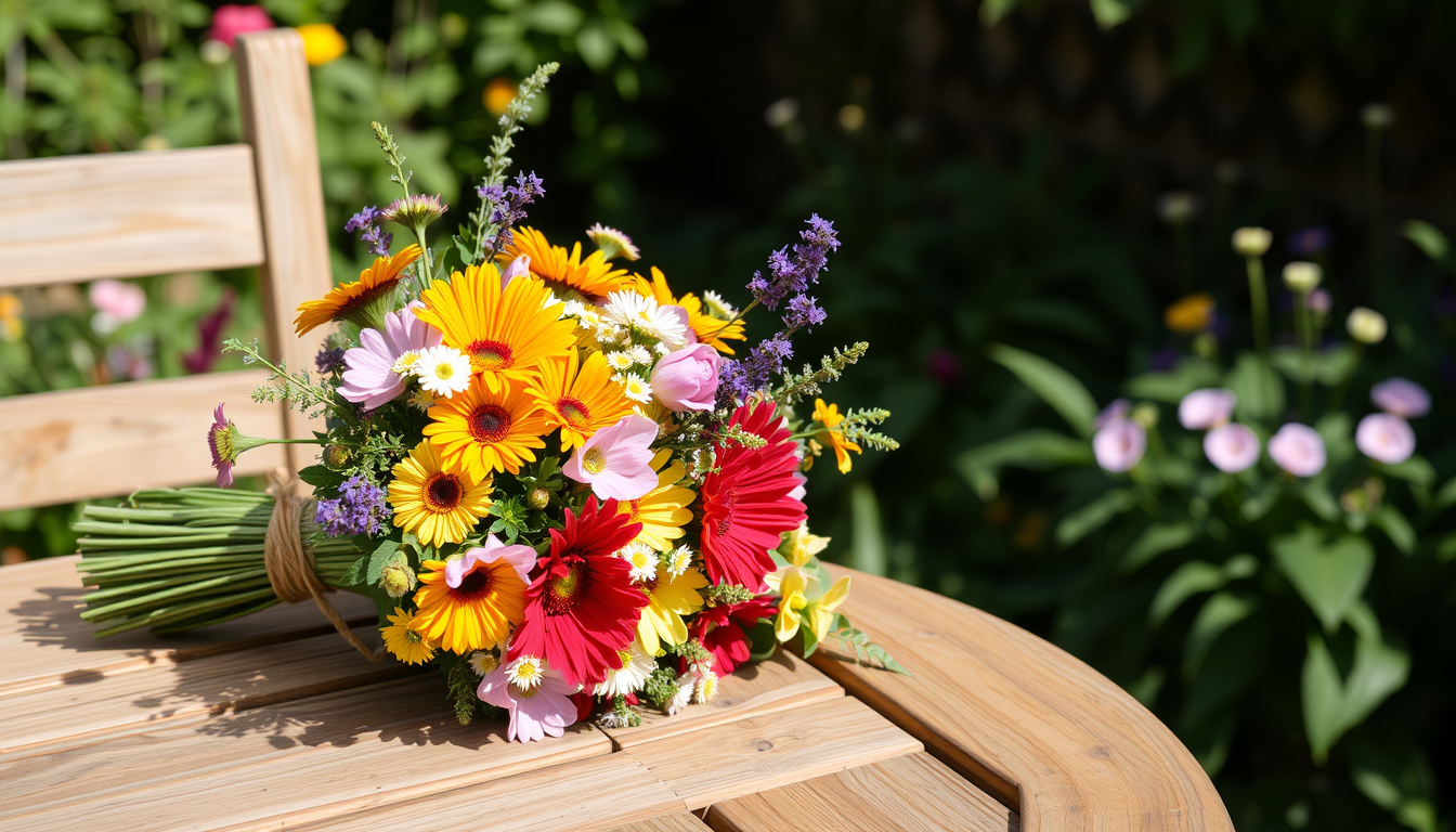 Main art studio: a hand tied bouquet of colorful flowers on a wooden garden table