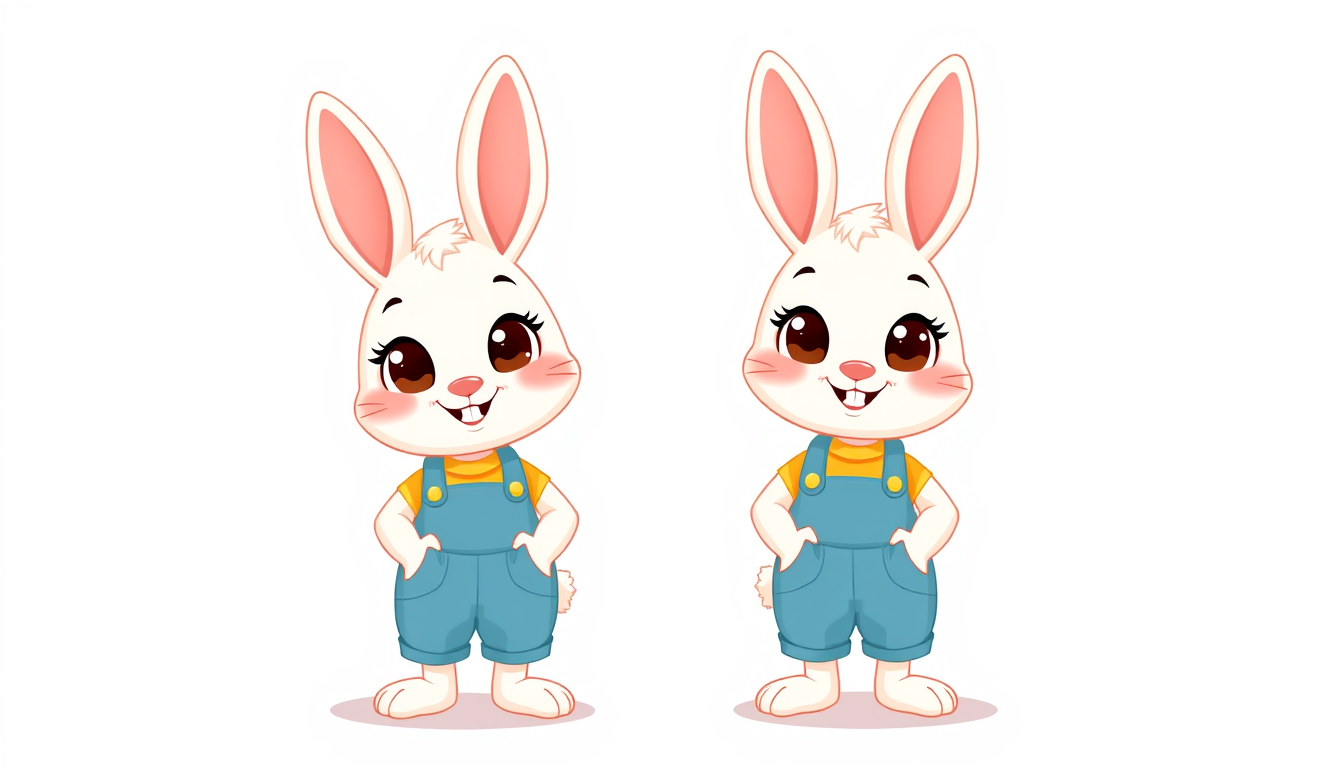 Main art studio: The same cute little bunny Coco, full body, standing and smiling, soft white fur, big brown eyes, yellow shirt and blue overalls, colorful children’s