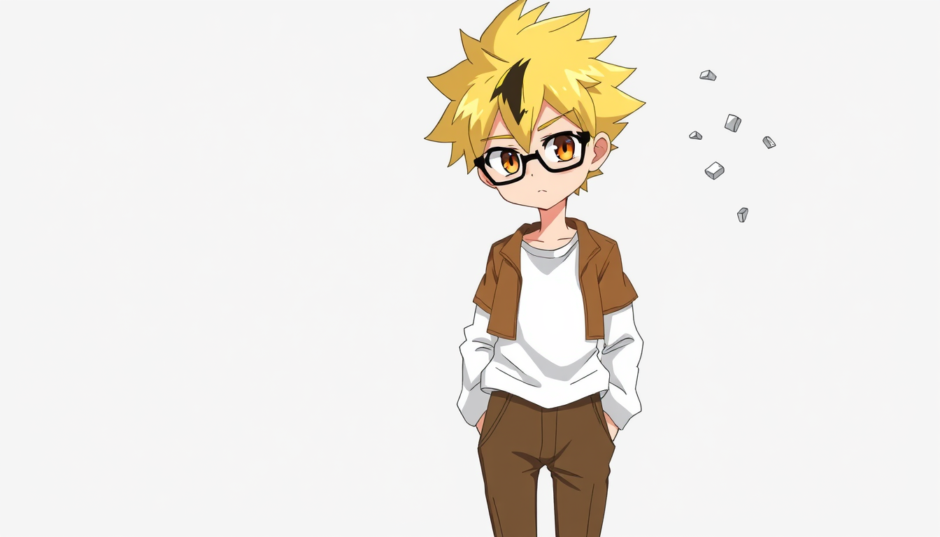 Main art studio: anime boy, intelligent and calm expression, slightly serious, short spiky hair like hedgehog style, yellow hair with a black streak, brown eyes, weari
