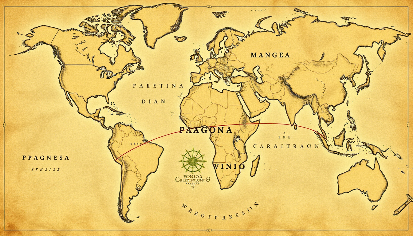 Fantasy Maps idea: fantasy world map, hand-drawn cartography, aged parchment, mountains forests and coastlines, Create a Wild West–style map of a land called Pangea with