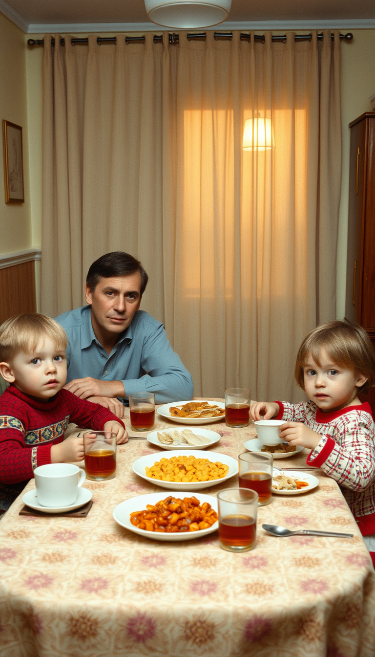 Main art studio: Photorealistic family dinner in a modest Eastern European apartment in the mid-1980s, parents and two children sitting together around a simple dining