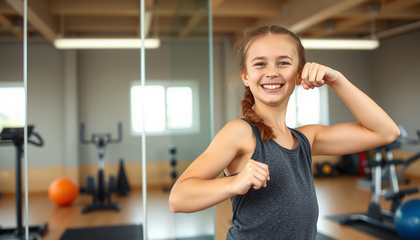 Main art studio: fille de 11 ans dans une salle de sport familiale, habillée normalement pour faire du sport, debout devant un miroir après un petit entraînement. Elle