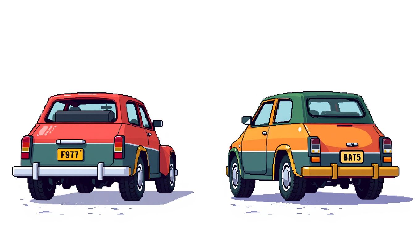 Pixel Art idea: pixel art, 32x32 sprite scale, limited palette, retro 16-bit game art, tileset de auto estacionado, diseño muy pixelado, visto 3/4 desde arriba y un p